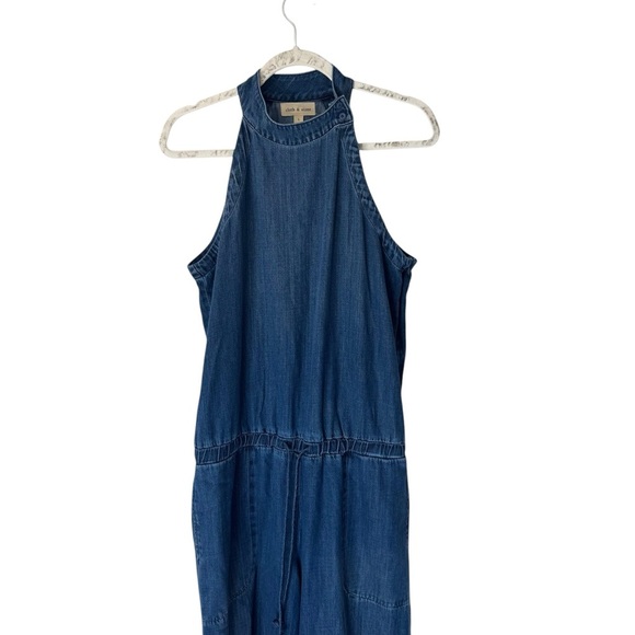 Cloth & Stone x Anthropologie - NWOT Blue Denim Halter Wide Leg Jumpsuit Sz L - Picture 3 of 8